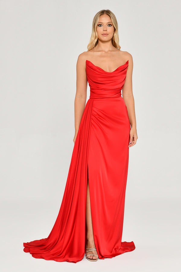 Boat Neck Slit Satin Dress