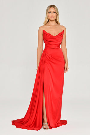 Boat Neck Slit Satin Dress
