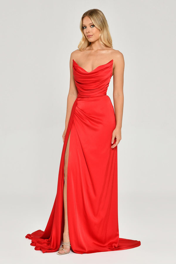 Boat Neck Slit Satin Dress