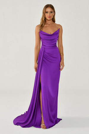 Boat Neck Slit Satin Dress