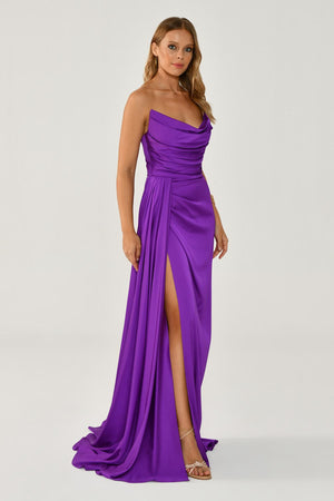 Boat Neck Slit Satin Dress