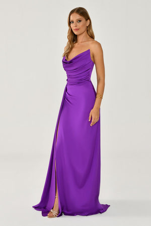 Boat Neck Slit Satin Dress