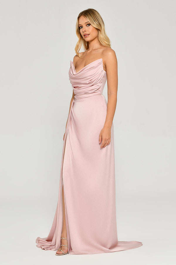 Boat Neck Slit Satin Dress