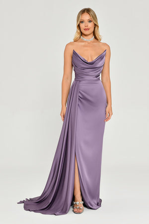 Boat Neck Slit Satin Dress