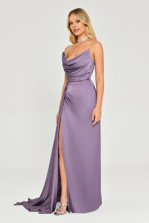 Boat Neck Slit Satin Dress