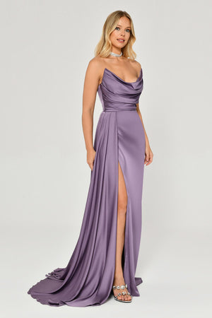 Boat Neck Slit Satin Dress