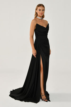 Boat Neck Slit Satin Dress