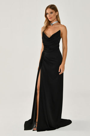 Boat Neck Slit Satin Dress