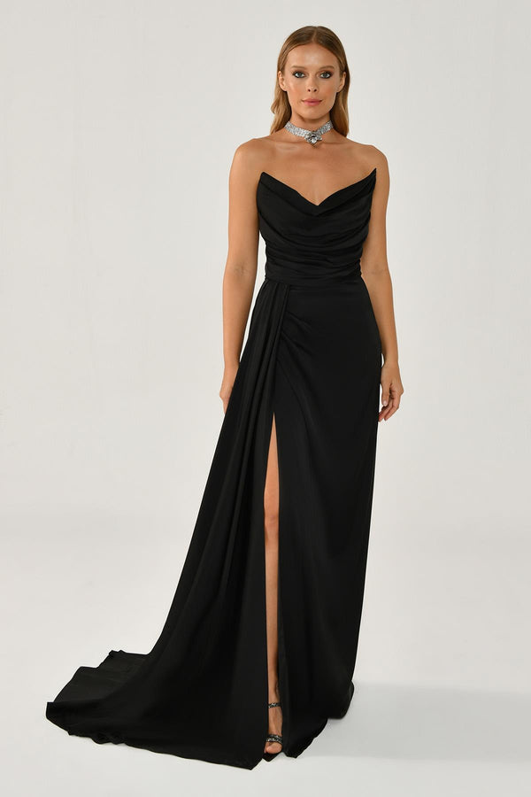 Boat Neck Slit Satin Dress
