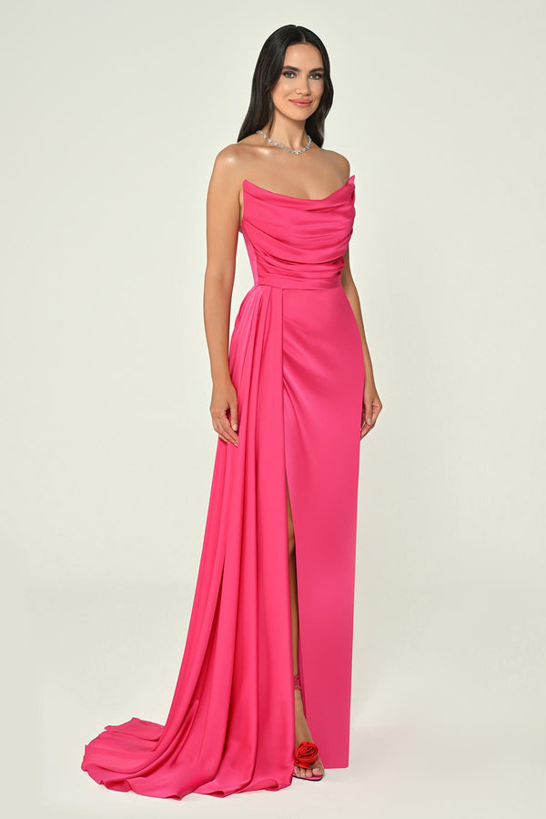 Boat Neck Slit Satin Dress