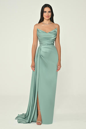 Boat Neck Slit Satin Dress