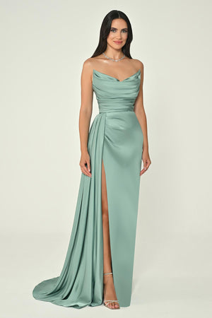 Boat Neck Slit Satin Dress
