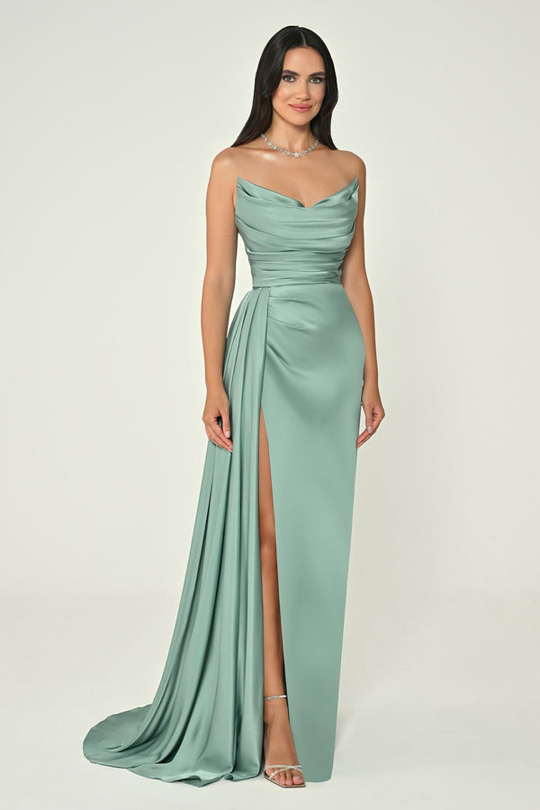 Boat Neck Slit Satin Dress