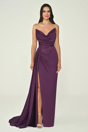 Boat Neck Slit Satin Dress