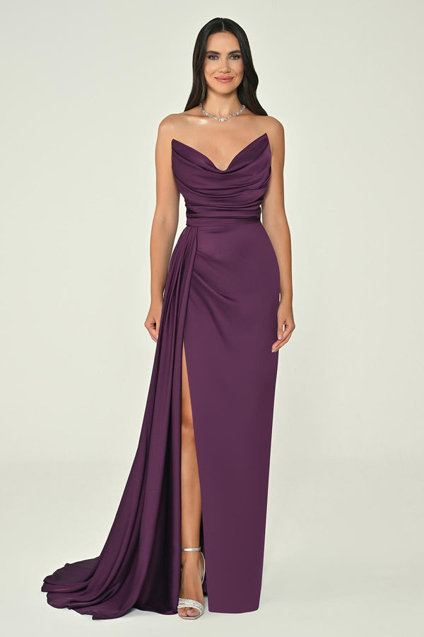 Boat Neck Slit Satin Dress