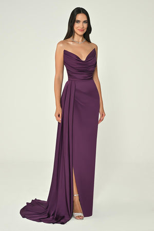 Boat Neck Slit Satin Dress