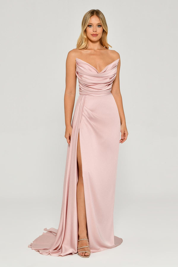 Boat Neck Slit Satin Dress