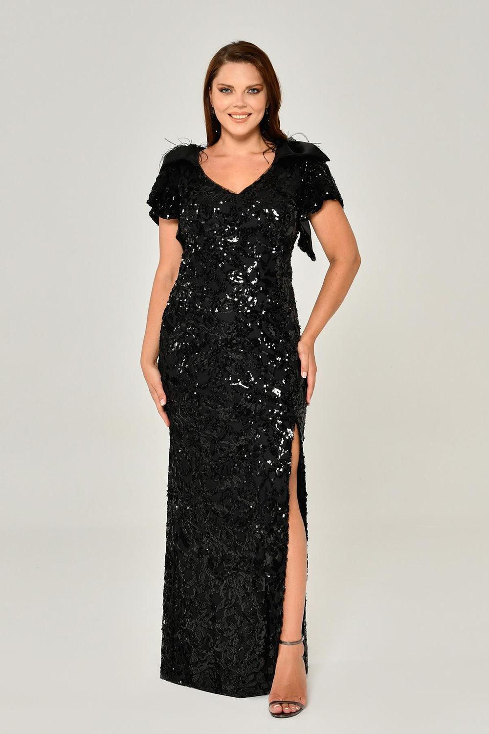 Short Sleeve V-Neck Sequin Slit Long Dress
