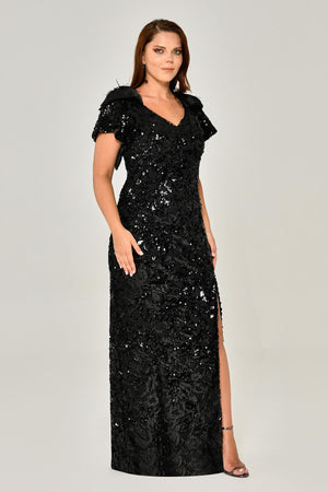 Short Sleeve V-Neck Sequin Slit Long Dress
