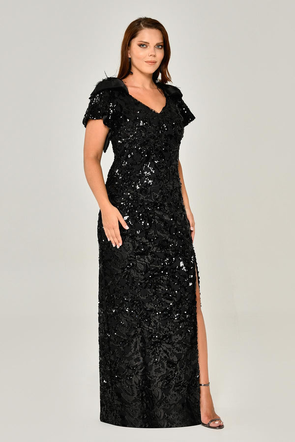 Short Sleeve V-Neck Sequin Slit Long Dress