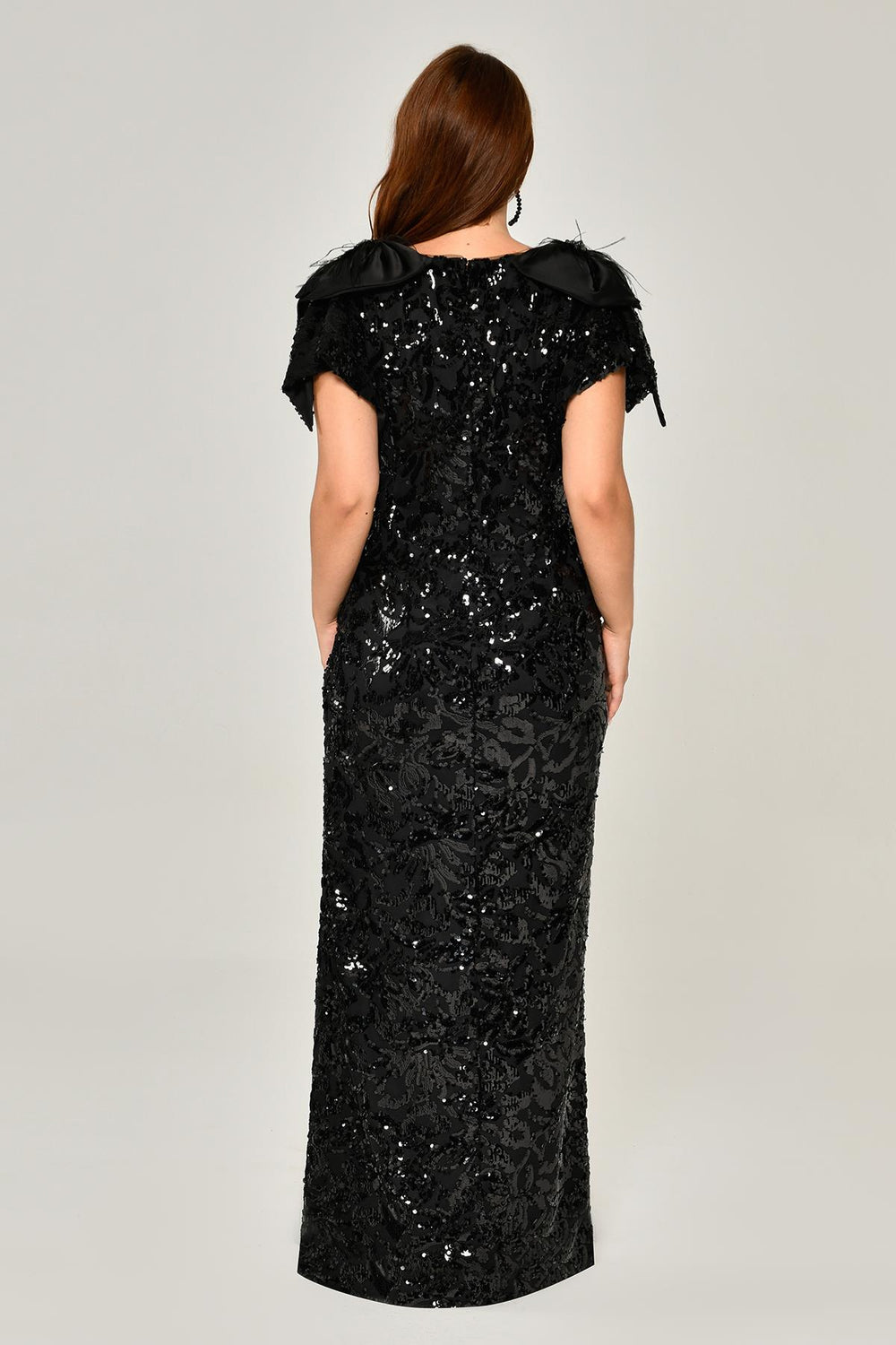 Short Sleeve V-Neck Sequin Slit Long Dress