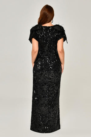 Short Sleeve V-Neck Sequin Slit Long Dress