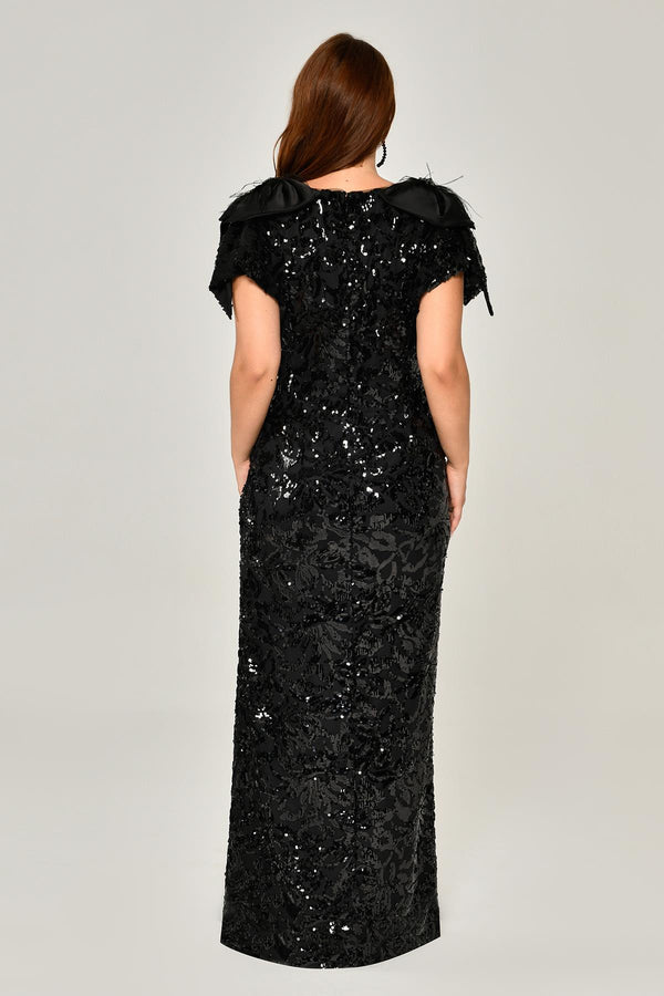 Short Sleeve V-Neck Sequin Slit Long Dress
