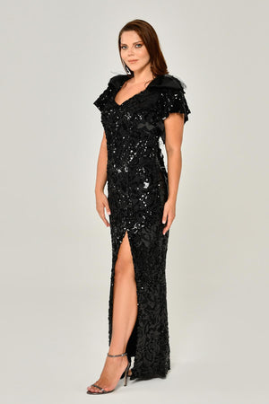 Short Sleeve V-Neck Sequin Slit Long Dress