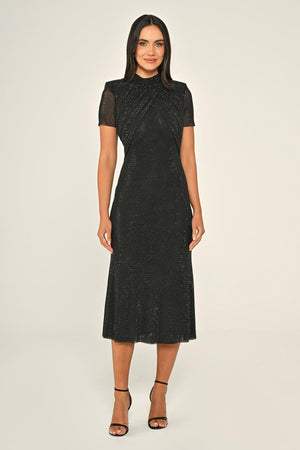 Short-Sleeve Beaded Fabric Midi Dress