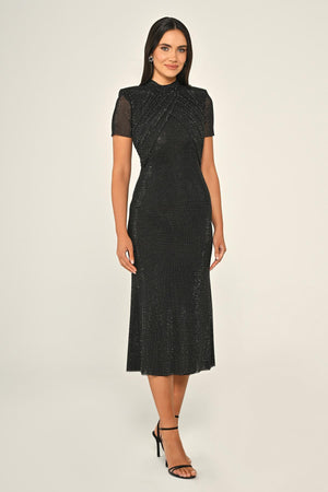 Short-Sleeve Beaded Fabric Midi Dress