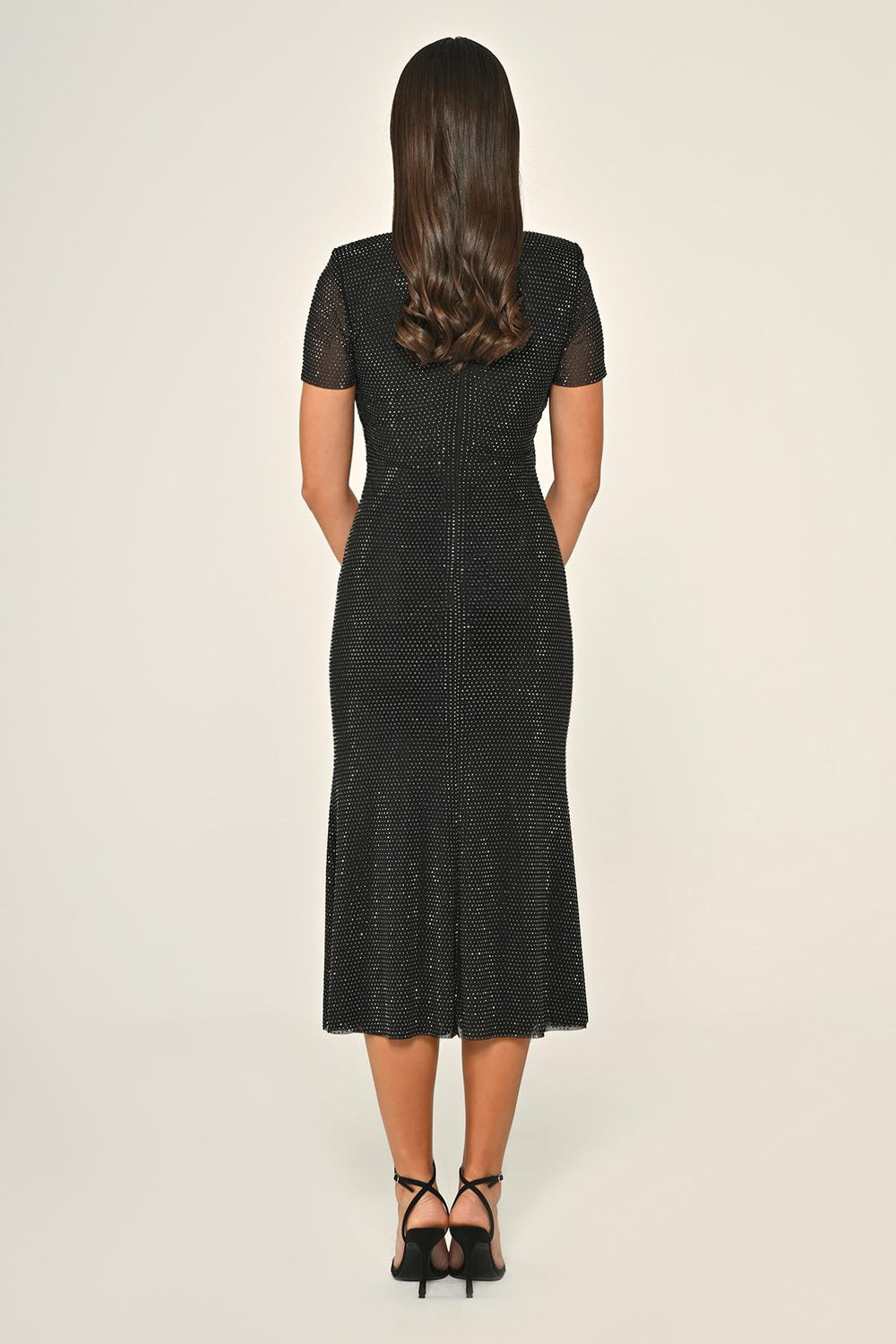 Short-Sleeve Beaded Fabric Midi Dress