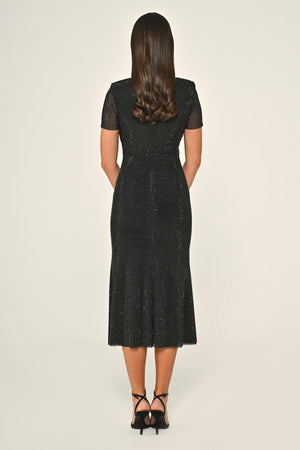 Short-Sleeve Beaded Fabric Midi Dress