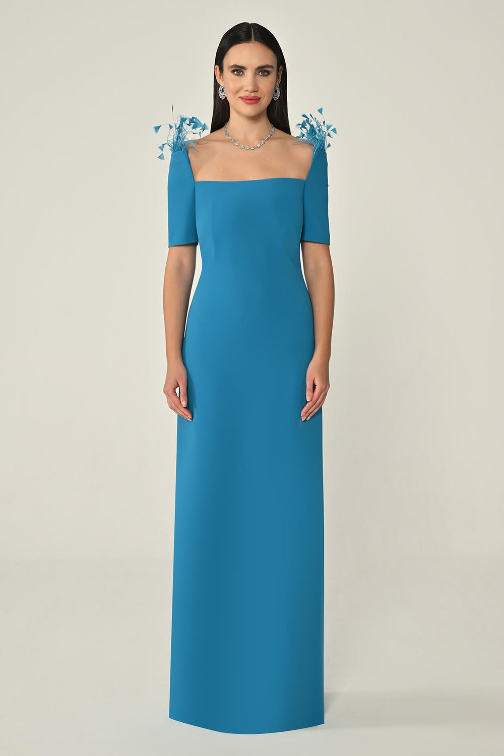 Crepe Long Dress with Short Sleeves and Feather Shoulder Detail