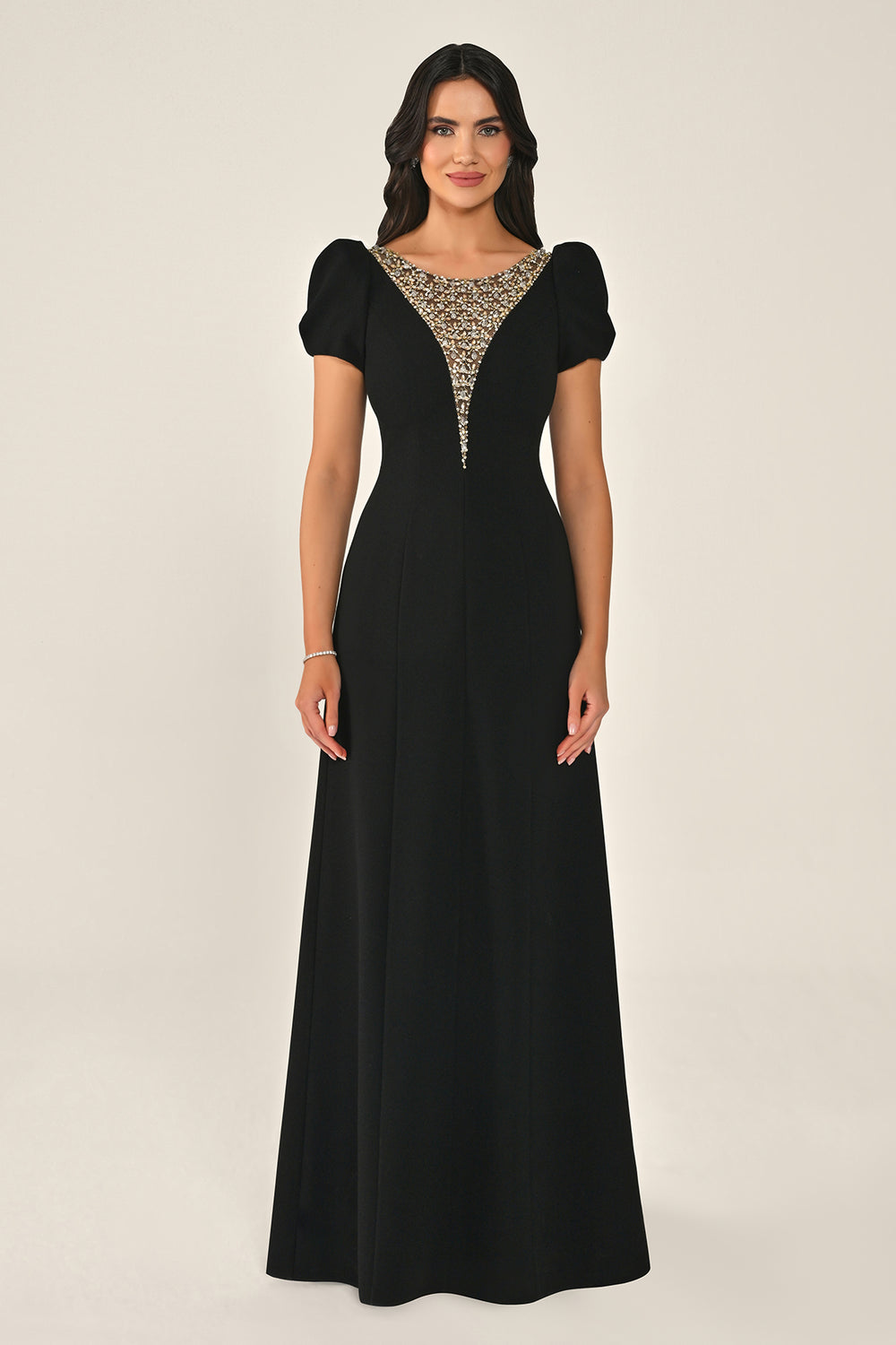 Short-Sleeve Crepe Maxi Dress with Stone Embellishment