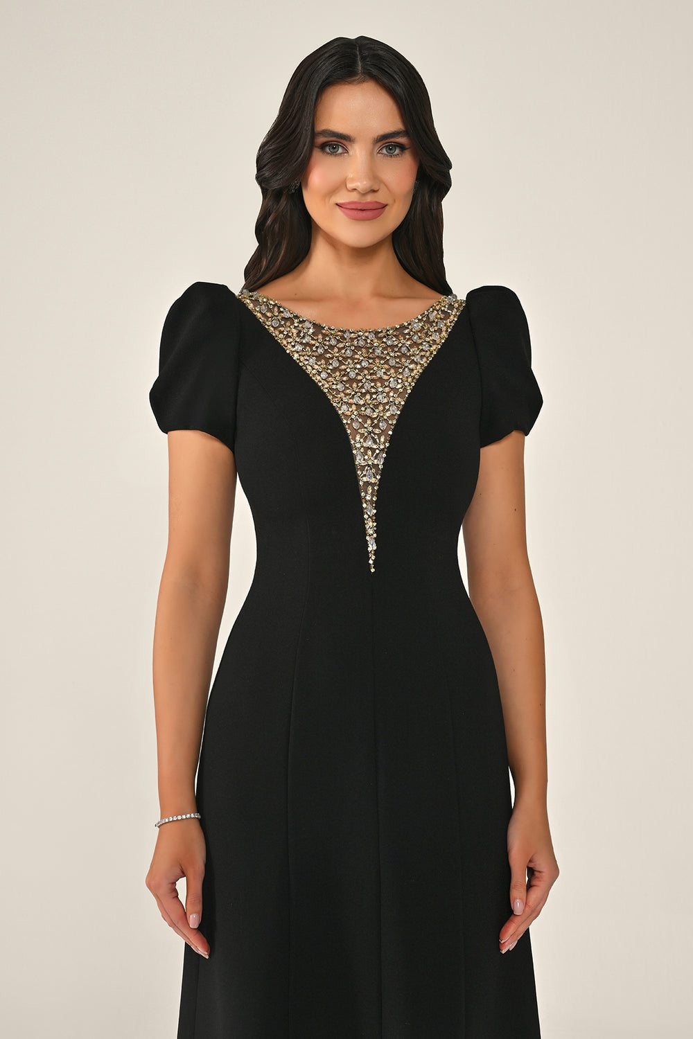 Short-Sleeve Crepe Maxi Dress with Stone Embellishment