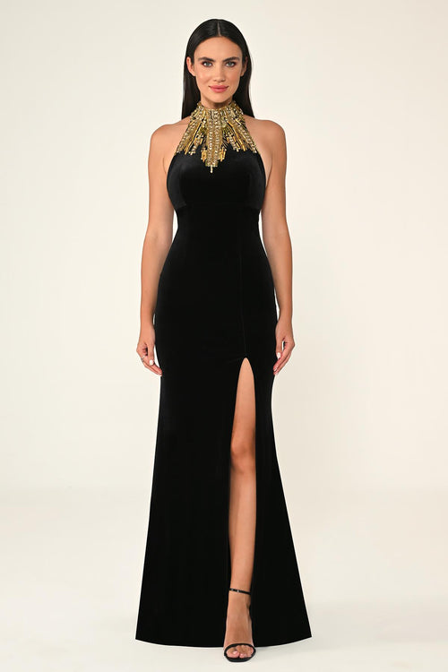 Sleeveless Velvet Long Dress with Neck and Back Accessories