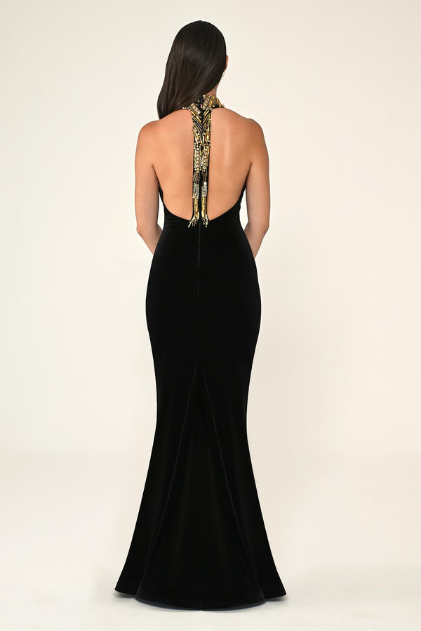 Sleeveless Velvet Long Dress with Neck and Back Accessories