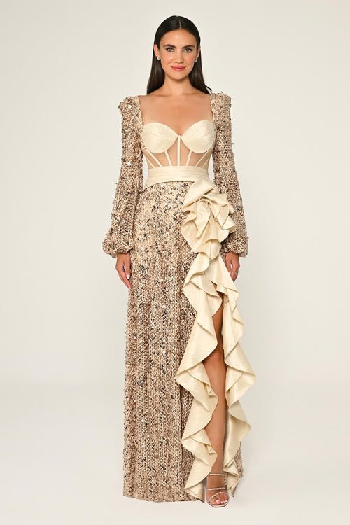 Corset Transparent Waist Sequin Mesh Long Dress