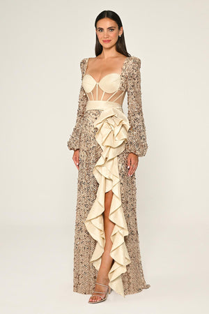 Corset Transparent Waist Sequin Mesh Long Dress