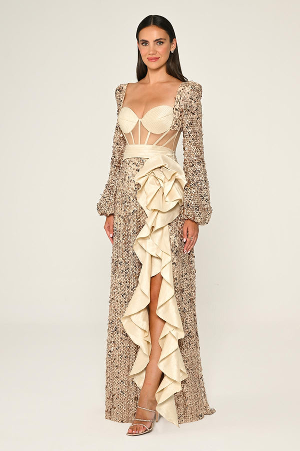 Corset Transparent Waist Sequin Mesh Long Dress