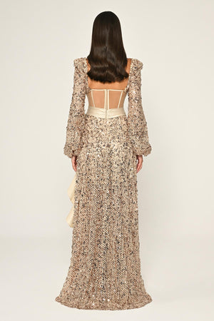 Corset Transparent Waist Sequin Mesh Long Dress