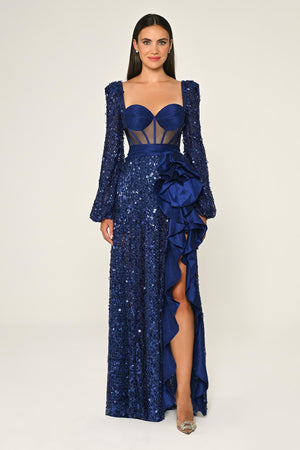 Corset Transparent Waist Sequin Mesh Long Dress