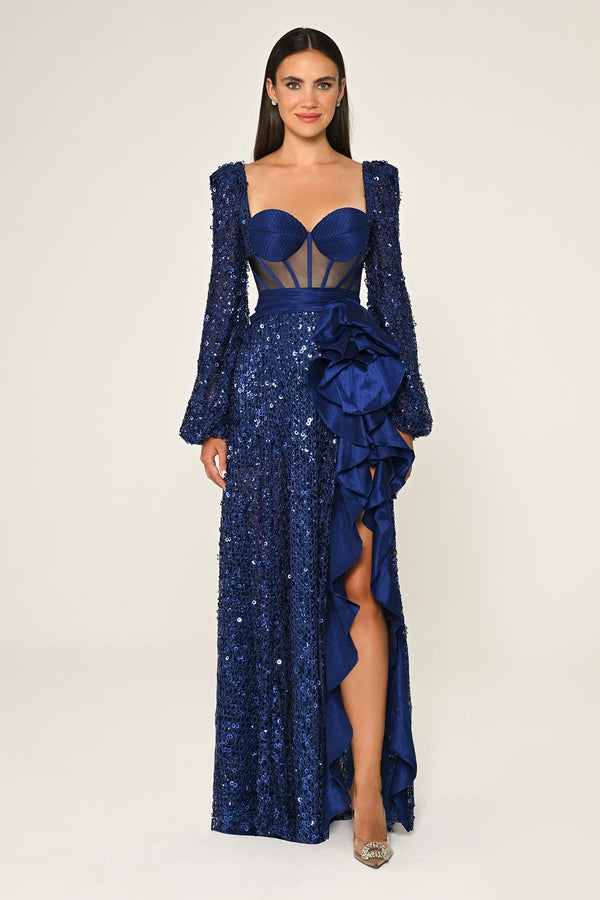 Corset Transparent Waist Sequin Mesh Long Dress