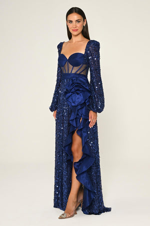 Corset Transparent Waist Sequin Mesh Long Dress
