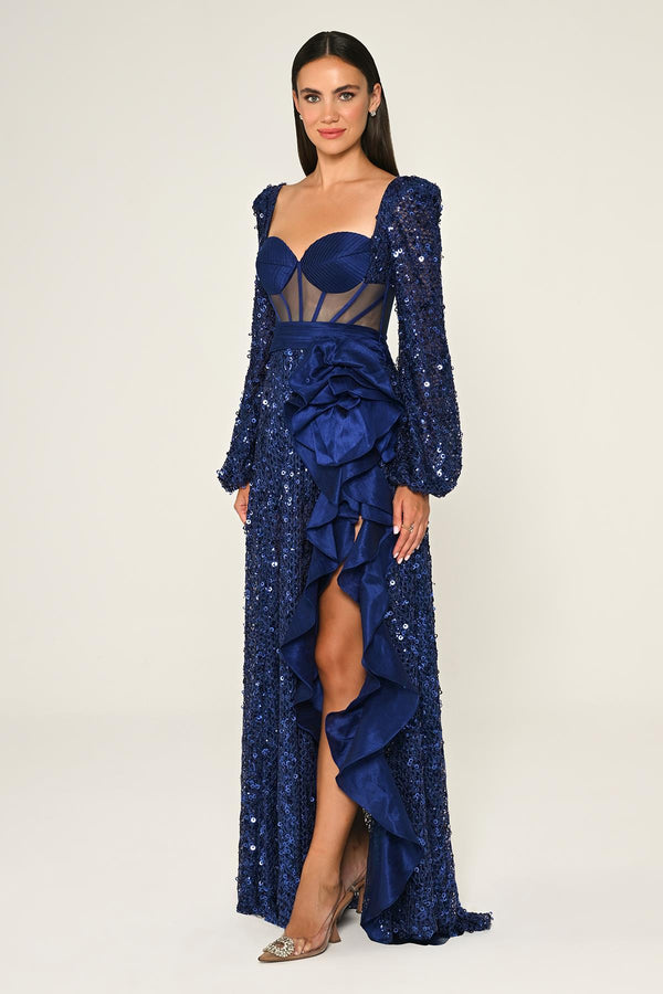 Corset Transparent Waist Sequin Mesh Long Dress