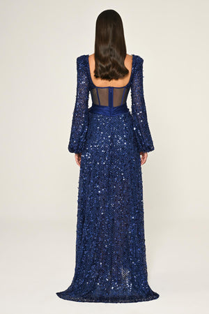 Corset Transparent Waist Sequin Mesh Long Dress