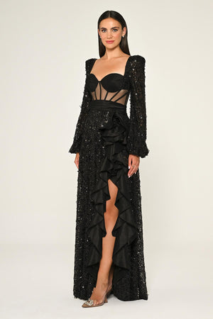 Corset Transparent Waist Sequin Mesh Long Dress