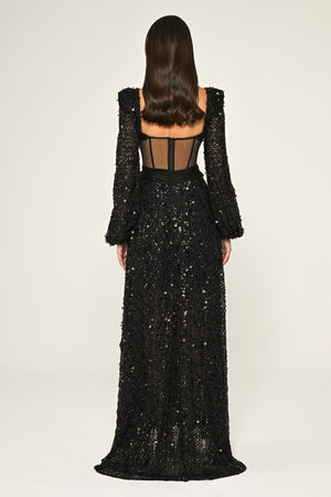 Corset Transparent Waist Sequin Mesh Long Dress