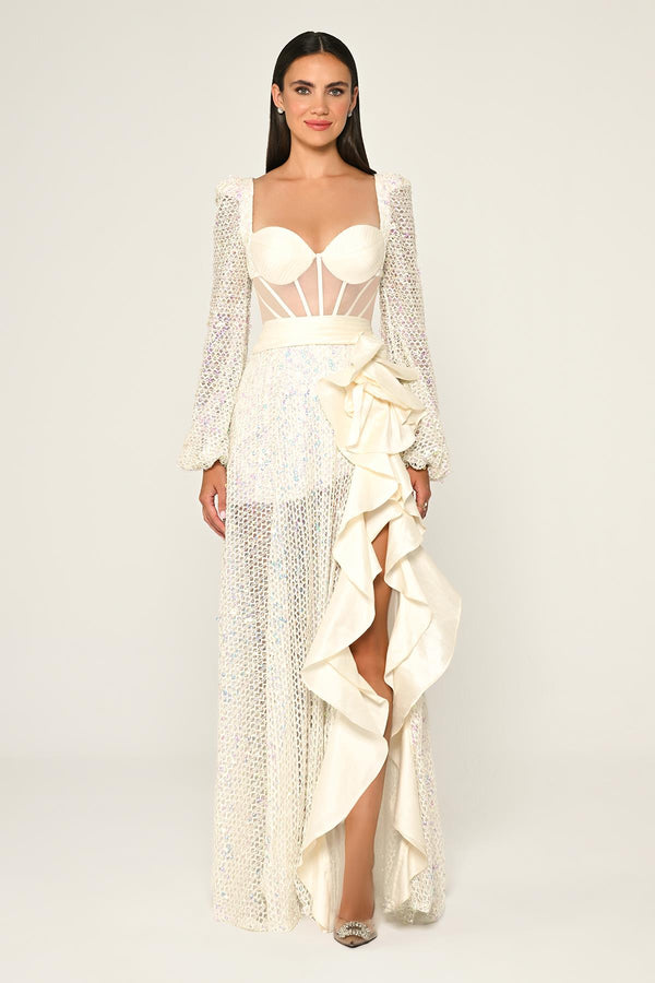 Corset Transparent Waist Sequin Mesh Long Dress