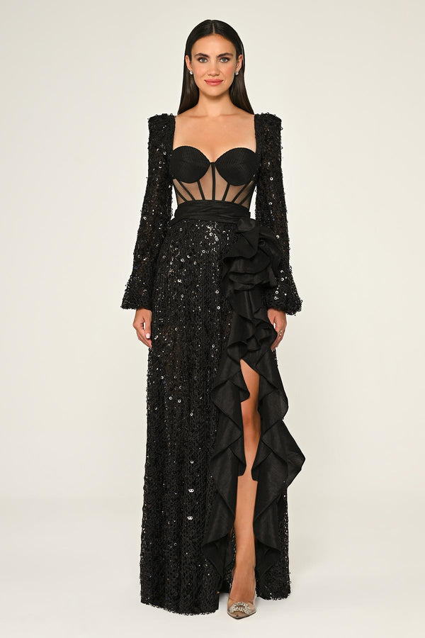 Corset Transparent Waist Sequin Mesh Long Dress